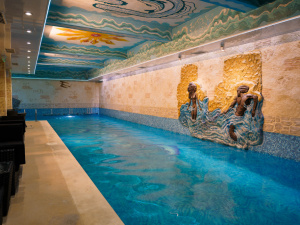 Плувен басейн с ратанови мебели дължина 17м ширина 7м дълбочина 1.60 м